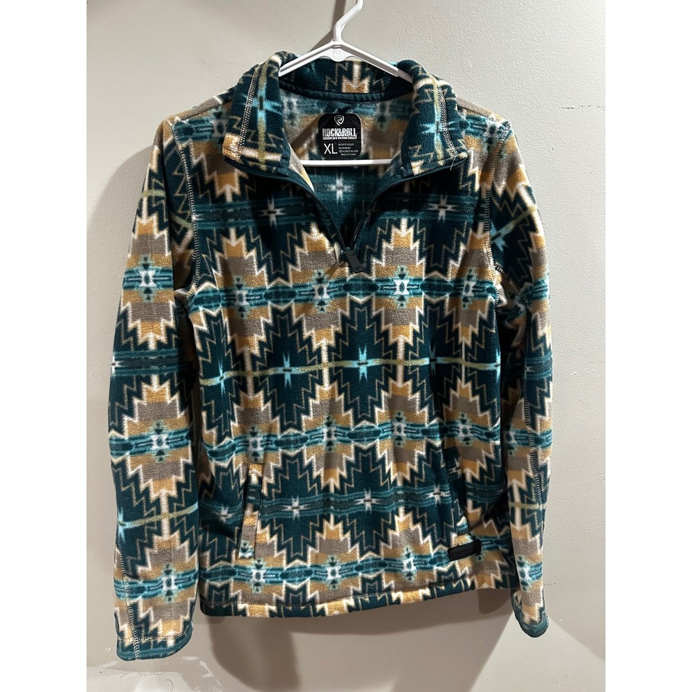 Rock & Roll Denim Womens XL Aztec Fleece Quarter Zip Pullover Teal Southwestern